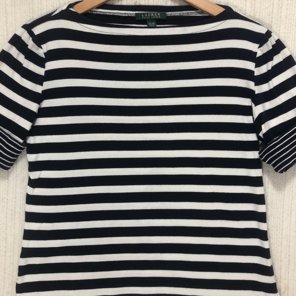 Lauren Ralph Lauren Navy Blue White Striped Boat Neck Short Sleeve Top XL